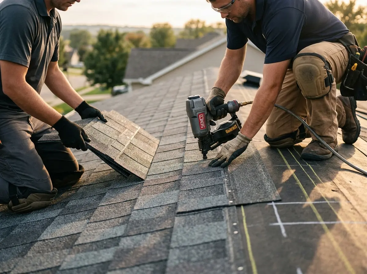 Professional roofer working on a residential roof in Alameda